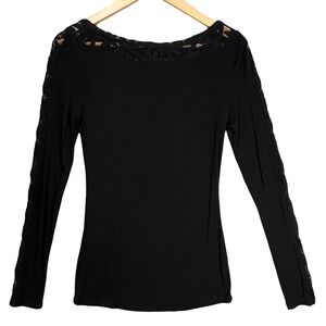 PattyBoutik Black Floral Lace Boat Neck Long Sleeve Fitted Top Size S